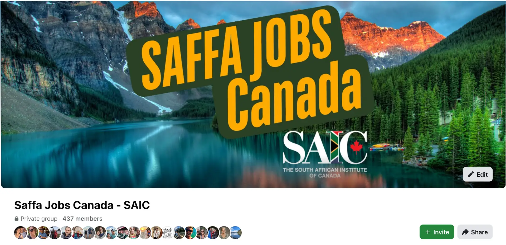 over image for the “Saffa Jobs Canada – SAIC” Facebook group. The banner features a scenic Canadian mountain lake backdrop with bold yellow text that reads “SAFFA JOBS Canada,” alongside the SAIC (South African Institute of Canada) logo.